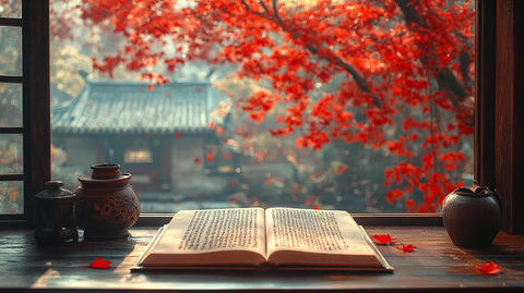 古色古香窗边桌上的书法作品