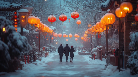 雪中灯笼下的一家人漫步在林间小道