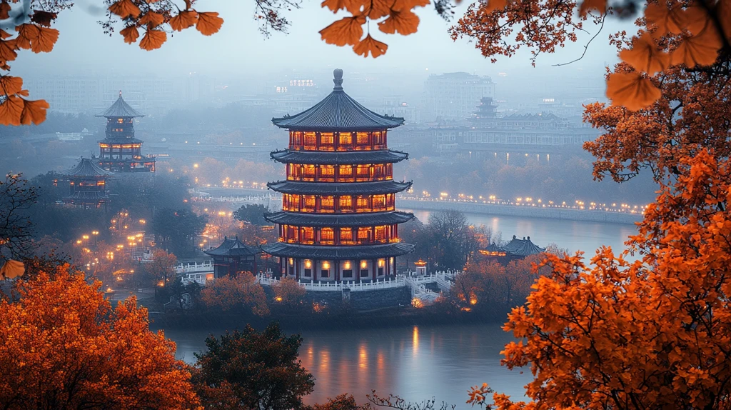 金黄银杏叶映衬下的古建筑