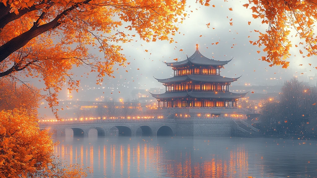 金黄银杏叶映衬下的古建筑