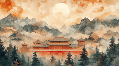 月光下古色古香的中式传统建筑风貌