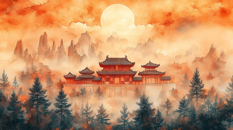 月光下古色古香的中式传统建筑风貌