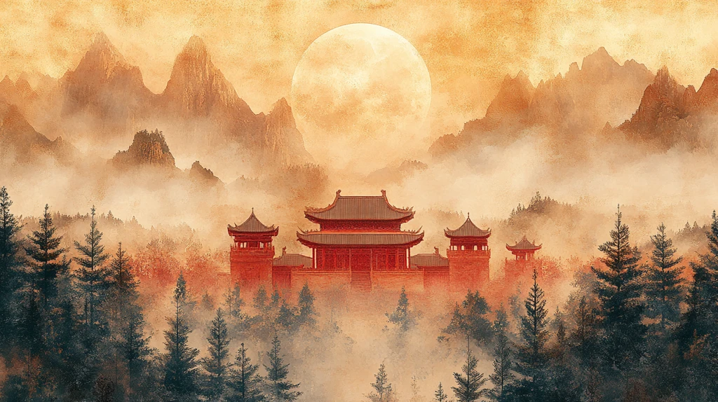 月光下古色古香的中式传统建筑风貌