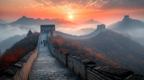 长城上有许多游客的热闹景象