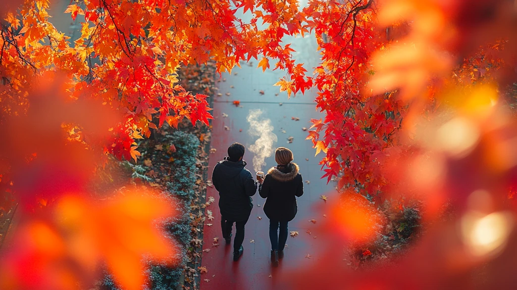 红道上赏秋叶的两人