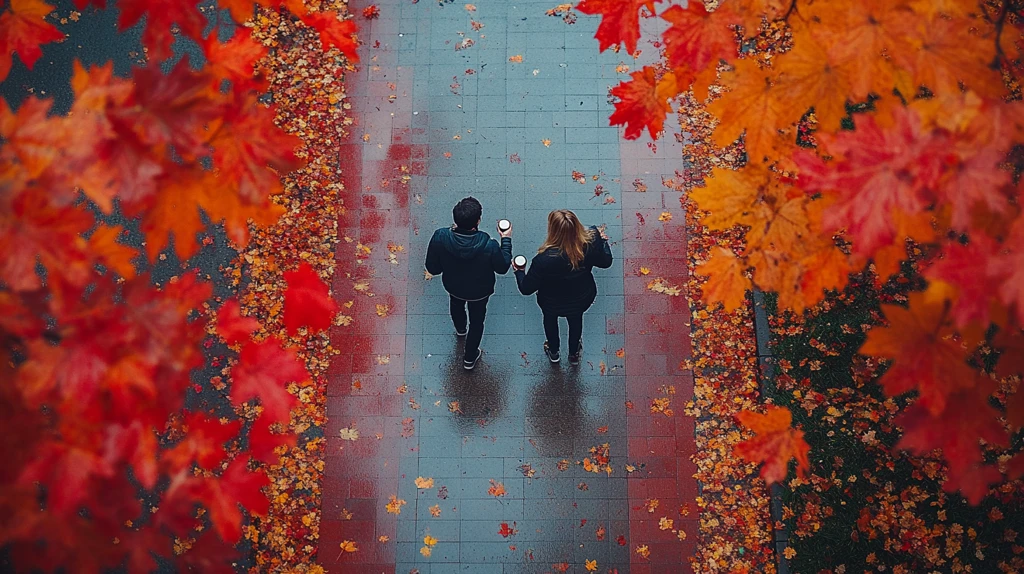 红道上赏秋叶的两人