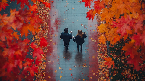 红道上赏秋叶的两人