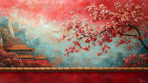 黄墙前绽放的腊梅树枝