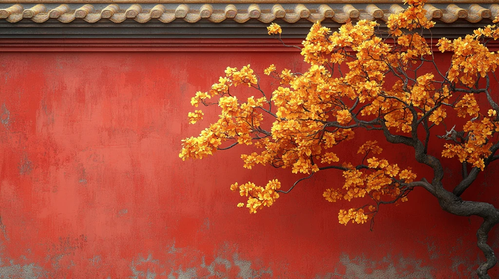 黄墙前绽放的腊梅树枝