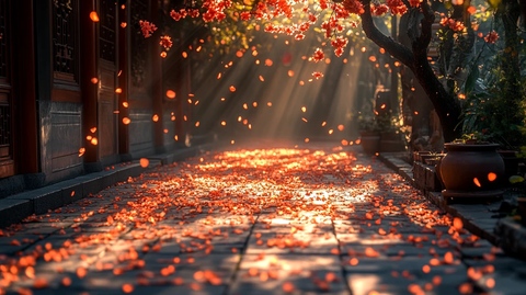 石板小巷满地黄花光影交错的景象