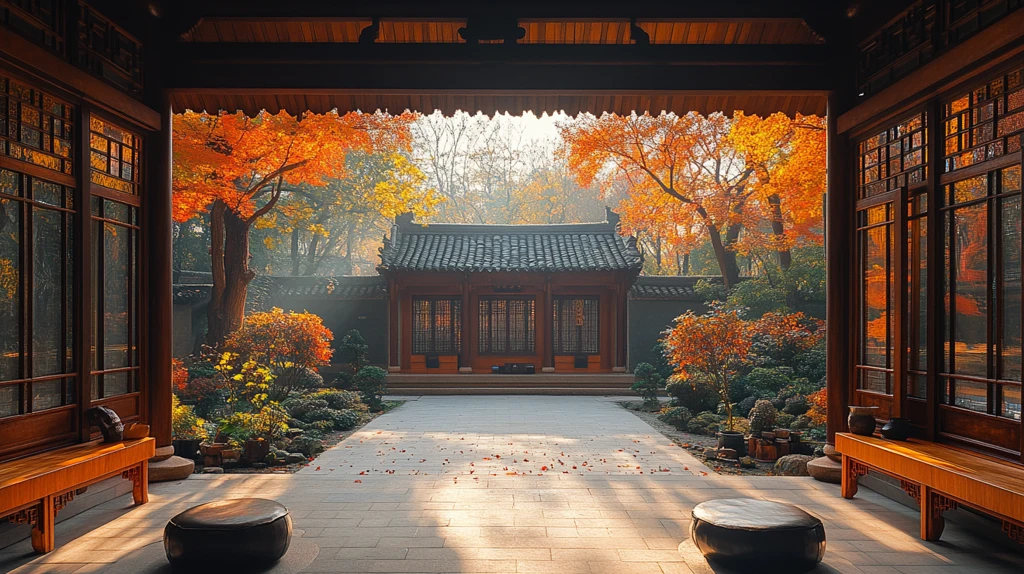 中式庭院秋景图尽显古朴宁静之美