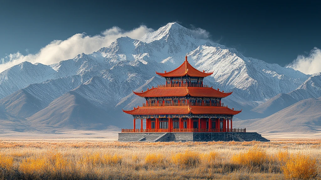 山中古亭与雪山秋林构成的自然美景