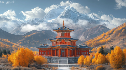 山中古亭与雪山秋林构成的自然美景