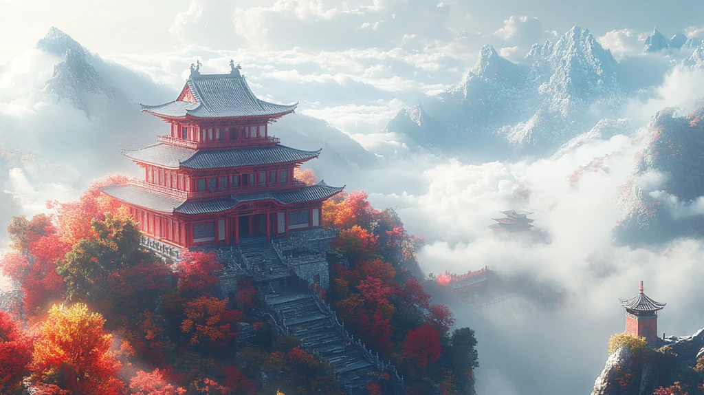 山中古亭与雪山秋林构成的自然美景