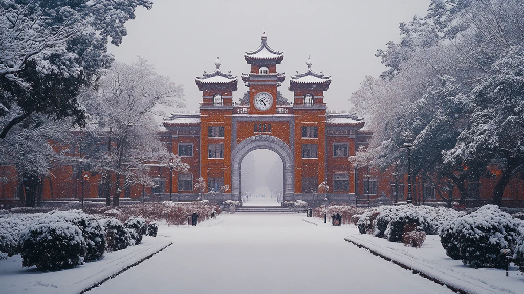 雪后校园建筑前的行人