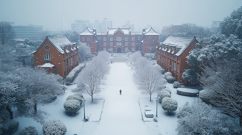 雪后校园建筑前的行人