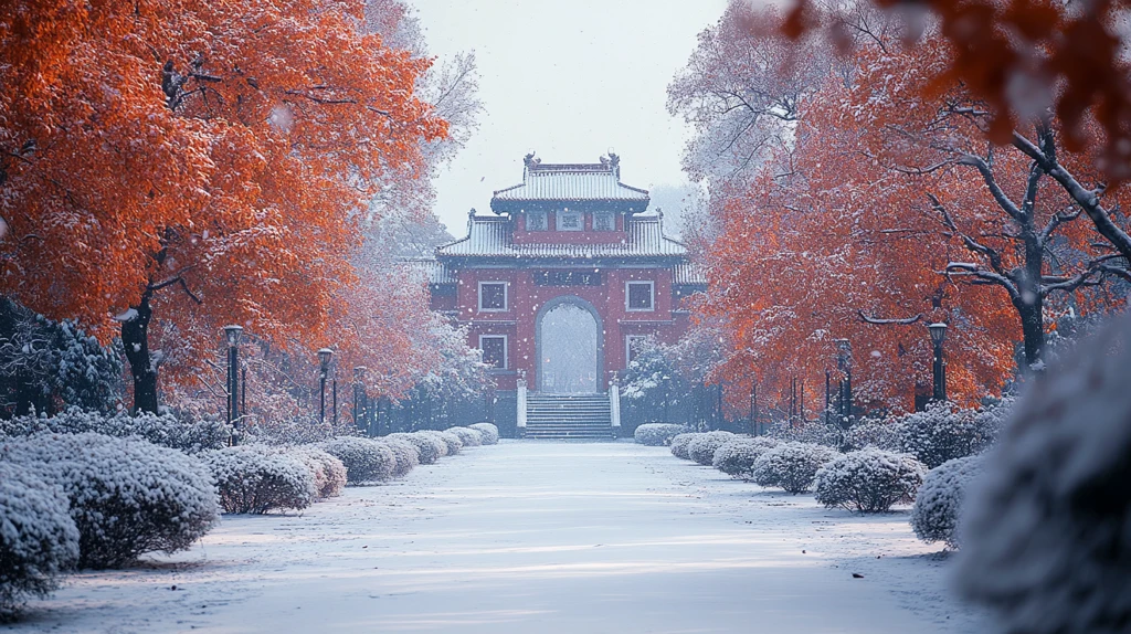 雪后校园建筑前的行人