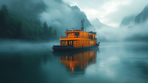 雾霭中的城市街道高楼林立车水马龙