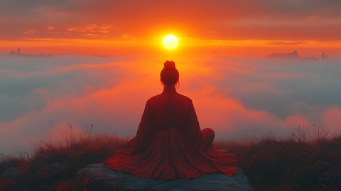 山林间的古建筑群日出时分壮观景象