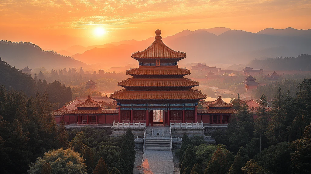 山林间的古建筑群日出时分壮观景象