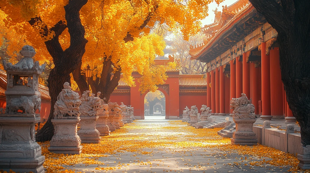 古建筑旁银杏飘落的唯美秋景