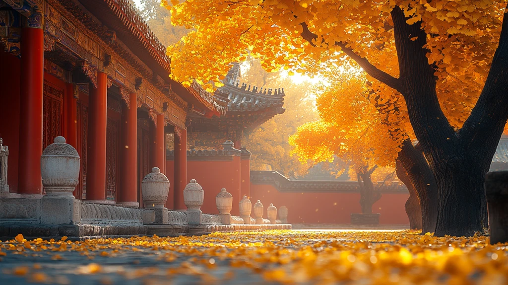 古建筑旁银杏飘落的唯美秋景