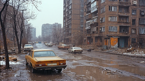 雨中街道行人撑伞行走的城市景象