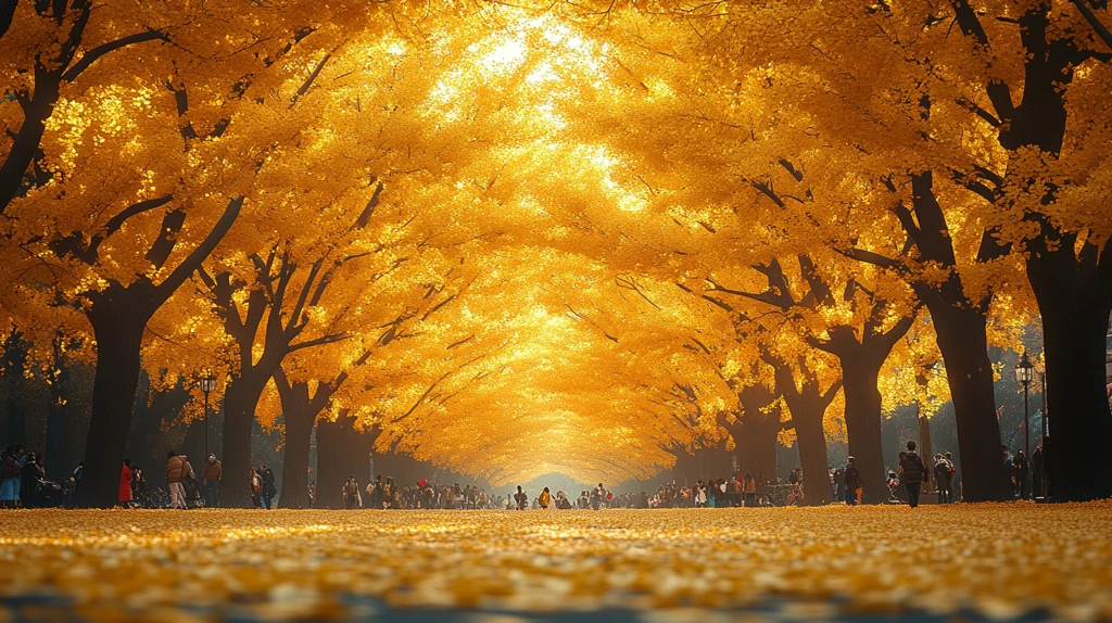 银杏树下人群聚集的俯瞰景象