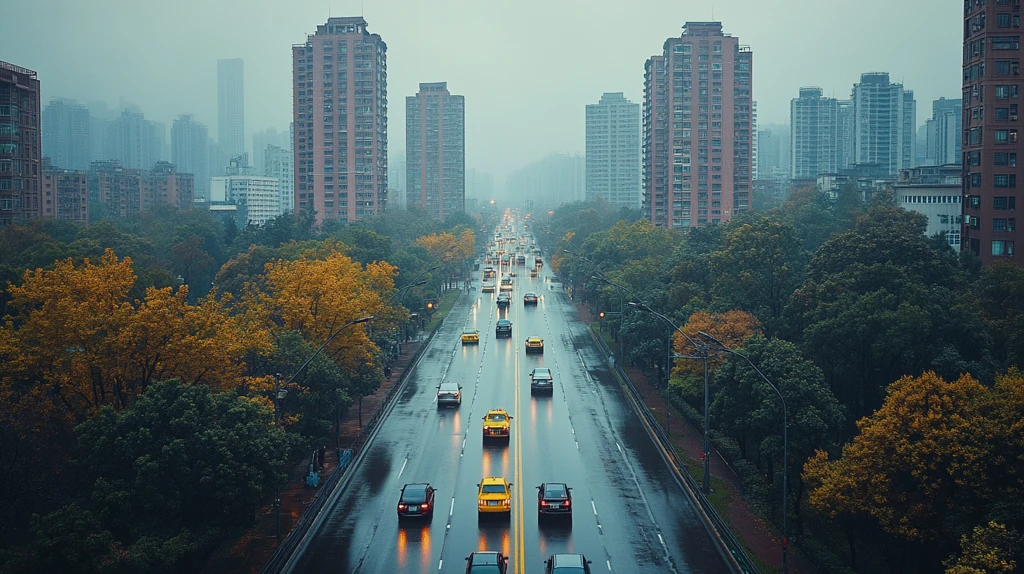 城市主干道上车辆川流不息的繁忙景象
