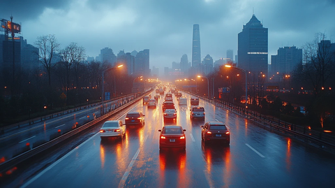 城市主干道上车辆川流不息的繁忙景象