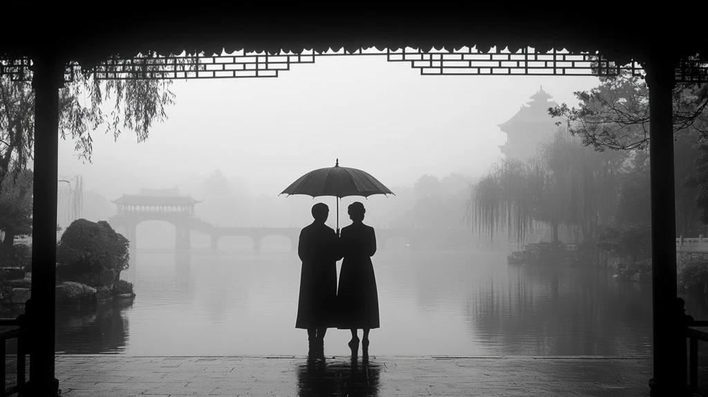 三人站在水边赏景的黑白照片