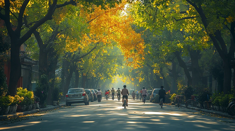 林荫道上骑行的人阳光洒下氛围惬意