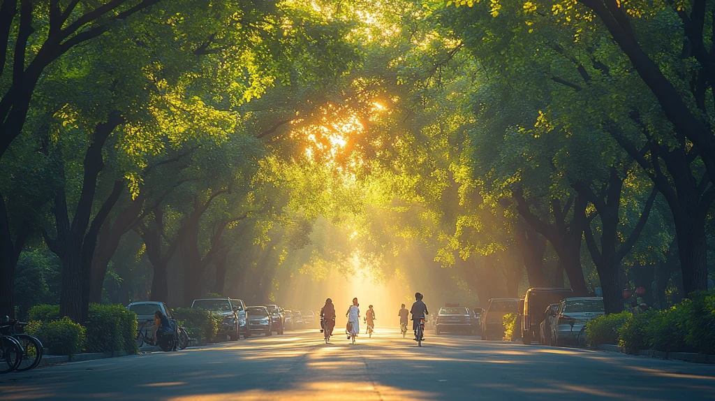 林荫道上骑行的人阳光洒下氛围惬意