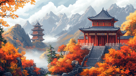 山林中古风建筑的秋日美景