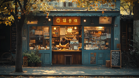 街边小店内厨师正在准备食物的场景