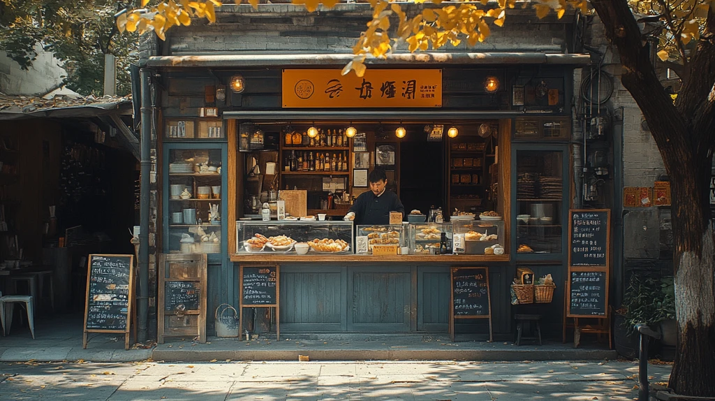 街边小店内厨师正在准备食物的场景