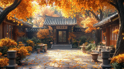 古旧村落中黄叶满地的宁静秋景