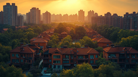 俯瞰城市中楼房密集的居民区