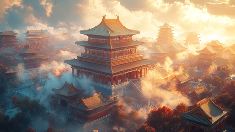 故宫全景鸟瞰图阳光照耀下的恢宏宫殿