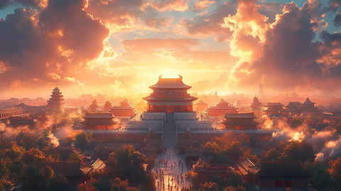 故宫全景鸟瞰图阳光照耀下的恢宏宫殿