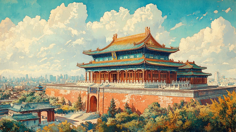 传统中式建筑与天空云彩的绘画作品