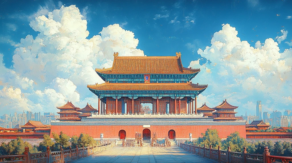 传统中式建筑与天空云彩的绘画作品