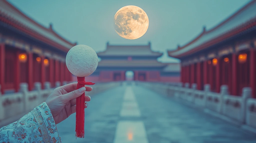 古建筑屋顶上方的明月夜景