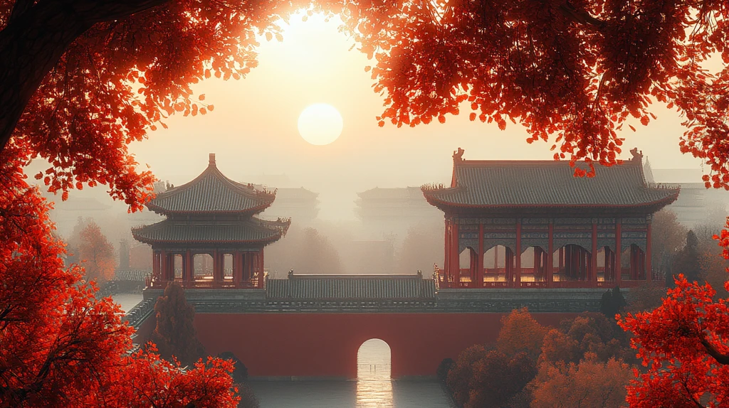 古建筑在落日余晖下的唯美景象