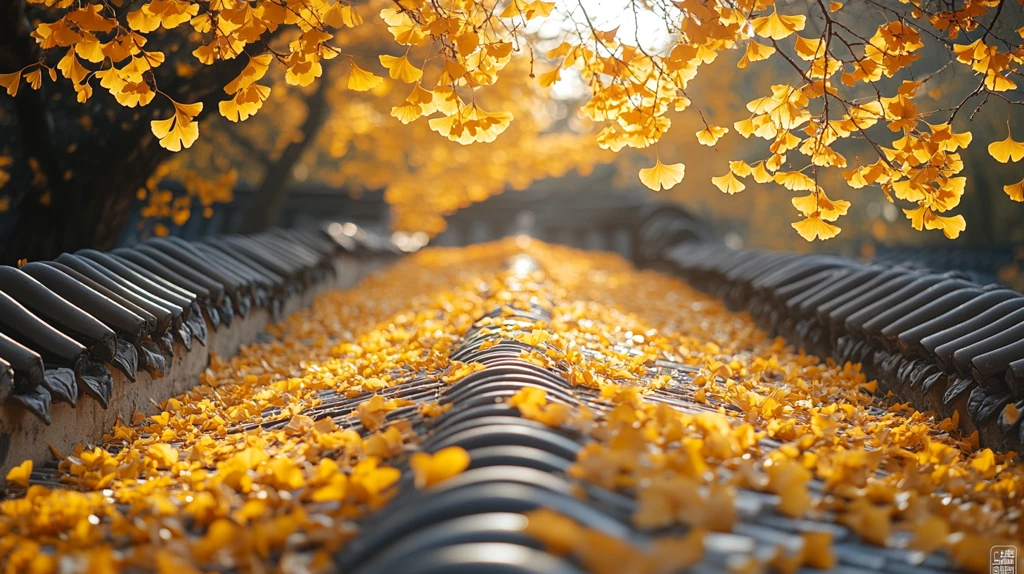 银杏叶落古瓦顶秋韵悠悠映日光