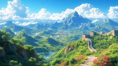 蜿蜒于崇山峻岭间的雄伟长城全景