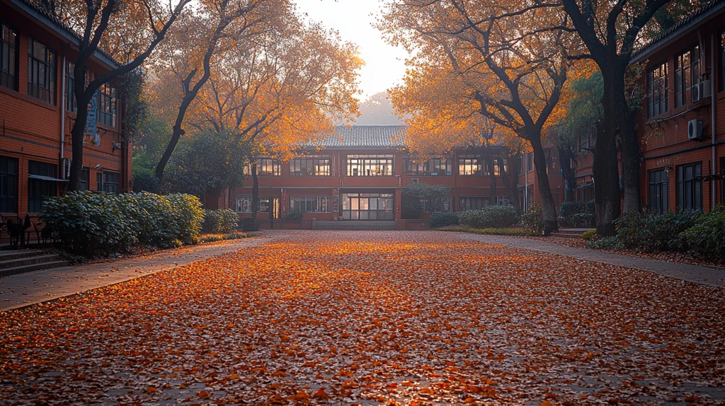 落叶小径上行走的人们