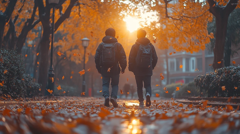 落叶小径上行走的人们