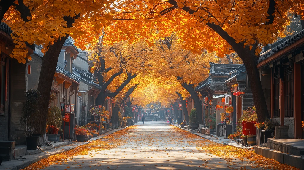 铺满黄叶的街道秋景
