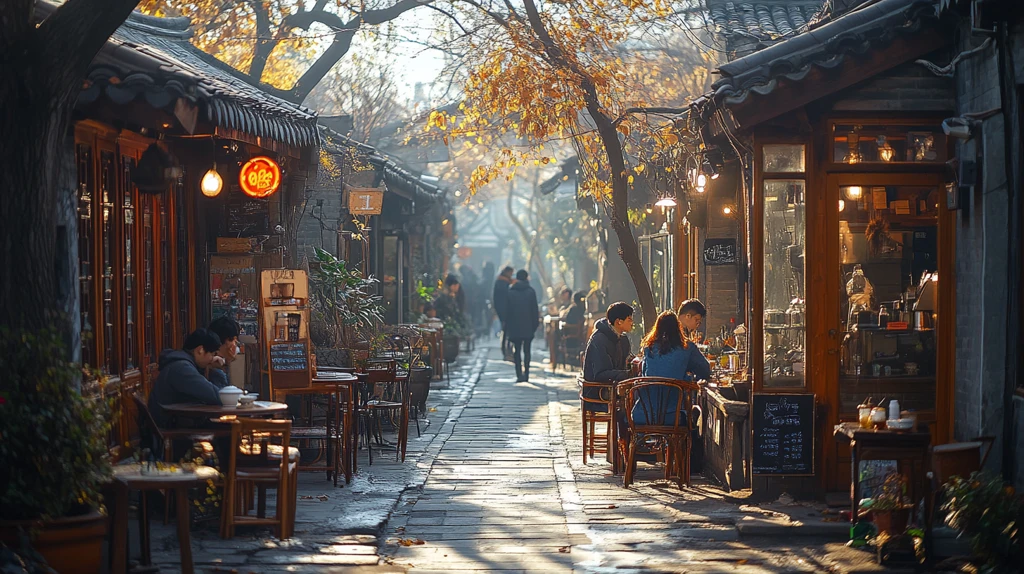 古街小巷内行人往来的悠闲景象